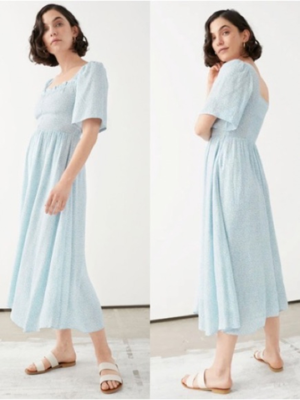 & Other Stories Smocked Crepe Maxi Dress Blue Floral Sweetheart Size 0